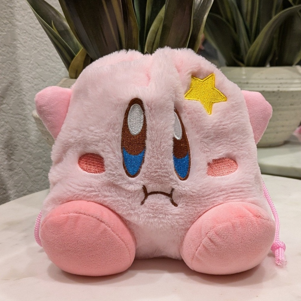 Nintendo Kirby Plush Drawstring Pouch Bag Pink Kawaii Sad Face Star Plushy